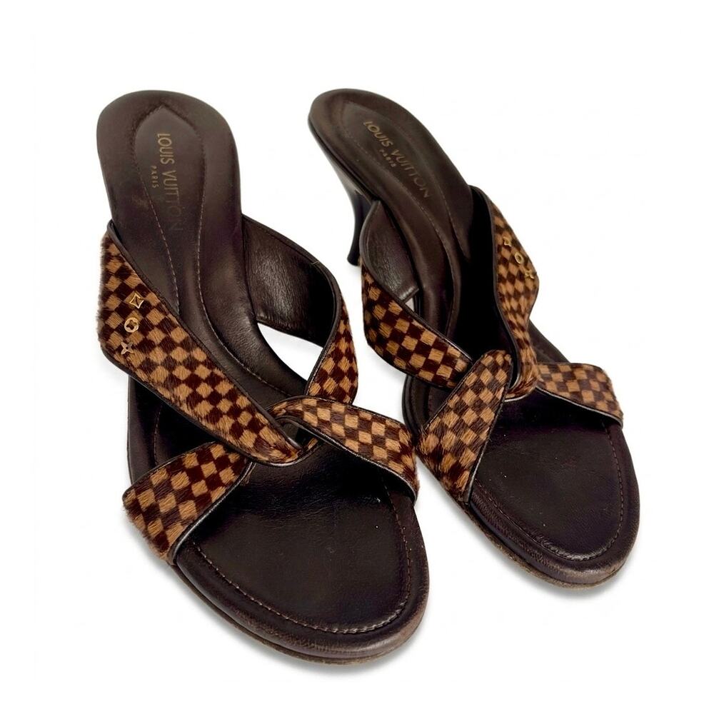 Vintage Louis Vuitton Damier Ebene Pony Hair Kitten Heel Mules Size 37.5